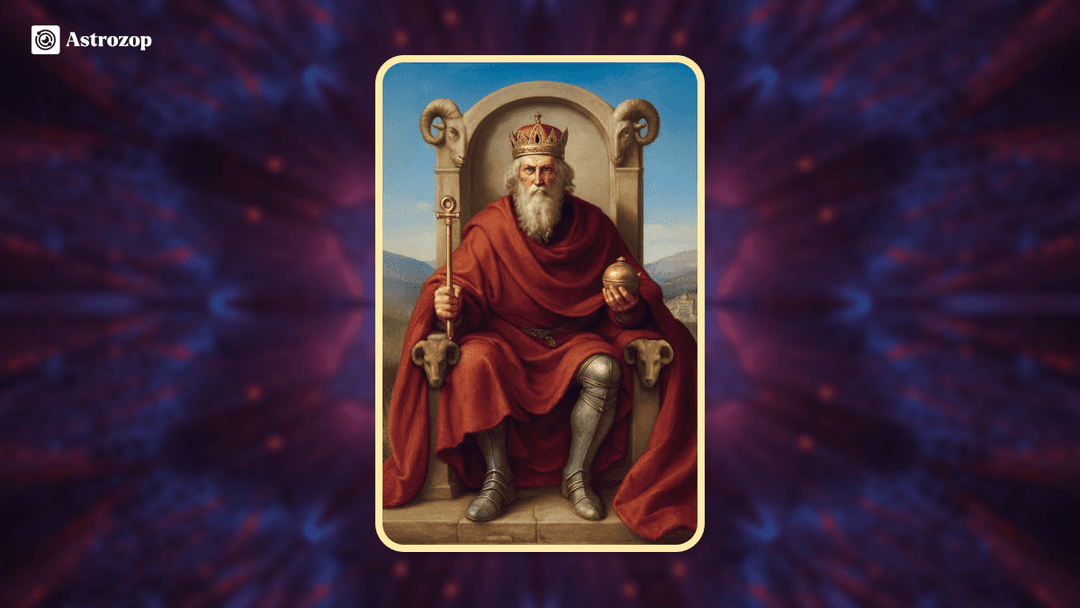 The Emperor tarot card showing a stern figure seated on a stone throne