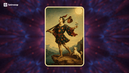 The Fool tarot card showing a young traveler standing at the edge of a cliff with a white dog.