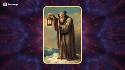 The Hermit Tarot Card showing a cloaked figure holding a lantern on a mountaintop