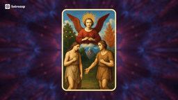 The Lovers Tarot card featuring a romantic couple with an angel above.