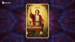 The Magician Tarot card features a robed figure standing behind a table with a wand raised.