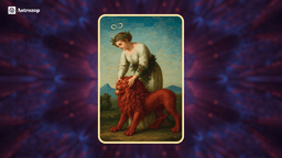 The Strength tarot card showing a serene woman gently holding open a lion’s jaws