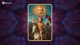 The Sun tarot card featuring a bright sun shining over a joyful child riding a white horse.