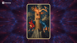 The Tower tarot card showing a tall tower struck by lightning with flames bursting from the windows.