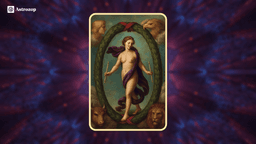 The World tarot card showing a dancing figure within a wreath, surrounded by four fixed zodiac signs